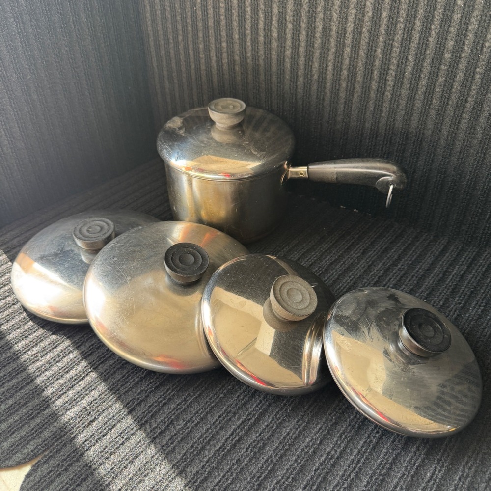 Revere Ware Copper Bottom Saucepan with 5 Lids Stainless Steel Lot